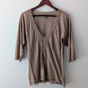 J Jill Tussah Silk Thin Crochet Lace Trim 1/4 Sleeve Light Brown Blouse Size M
